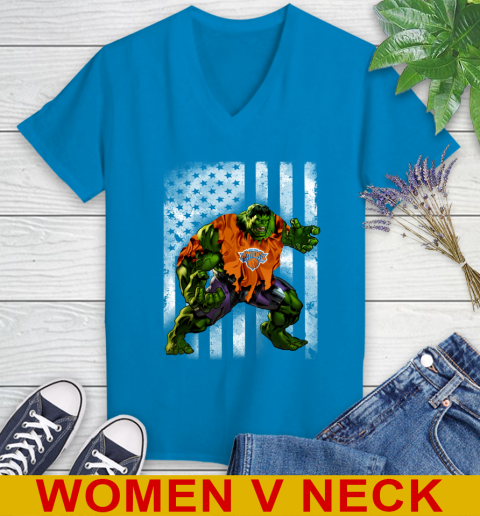 New York Knicks Hulk Marvel Avengers NBA Basketball American Flag Women's V-Neck T-Shirt 7