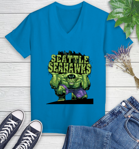 Seattle Seahawks NFL Football Incredible Hulk Marvel Avengers Sports Women's V-Neck T-Shirt 7