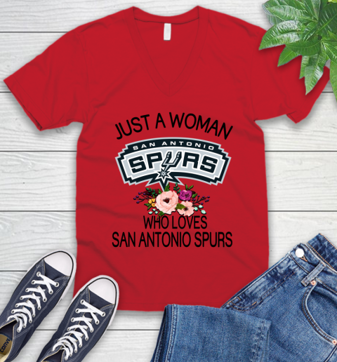 NBA Just A Woman Who Loves San Antonio Spurs Basketball Sports V-Neck T-Shirt 4