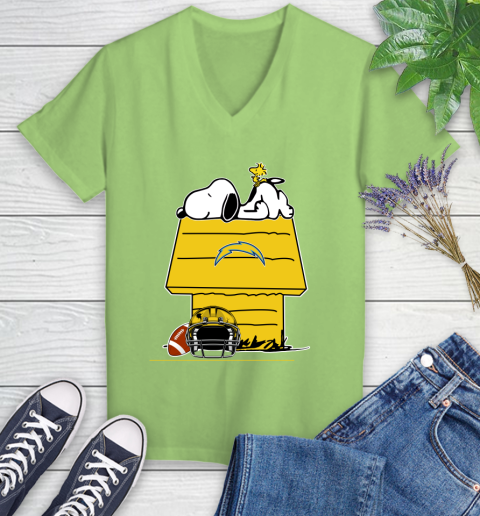 Los Angeles Chargers NFL Football Snoopy Woodstock The Peanuts Movie Women's V-Neck T-Shirt 11