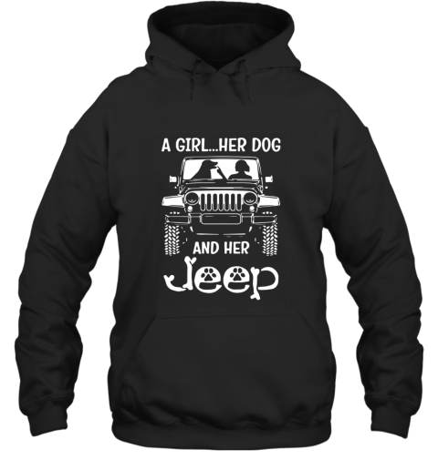 A GIRL HER DOG AND HER JEEP