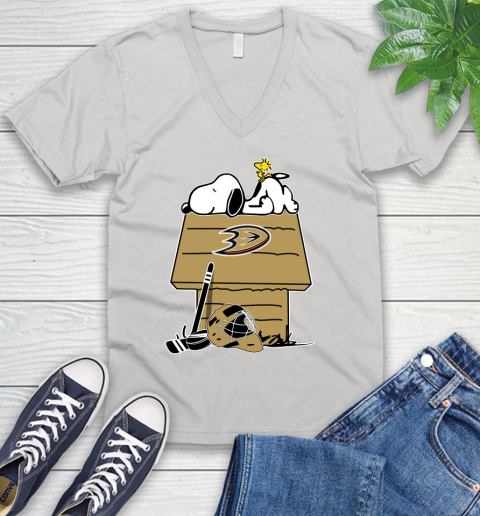 Anaheim Ducks NHL Hockey Snoopy Woodstock The Peanuts Movie V-Neck T-Shirt