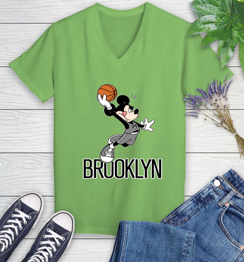 NBA Basketball Brooklyn Nets Cheerful Mickey Mouse Shirt Women's V-Neck T-Shirt 9