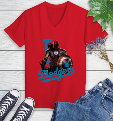 MLB Captain America Thor Spider Man Hawkeye Avengers Endgame Baseball Los Angeles Dodgers Women's V-Neck T-Shirt 12