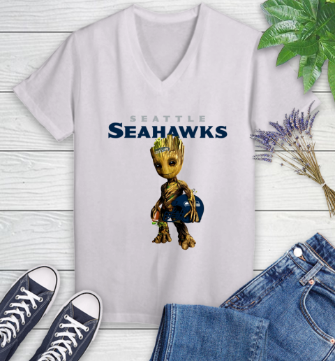 Seattle Seahawks NFL Football Groot Marvel Guardians Of The Galaxy Women's V-Neck T-Shirt