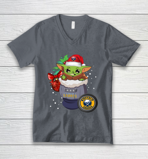 Buffalo Sabres Christmas Baby Yoda Star Wars Funny Happy NHL V-Neck T-Shirt 5