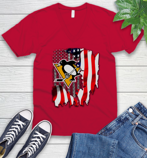 Pittsburgh Penguins NHL Hockey American Flag V-Neck T-Shirt 6