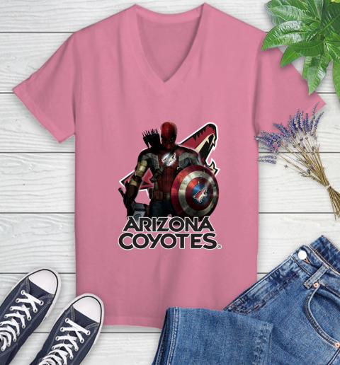 NHL Captain America Thor Spider Man Hawkeye Avengers Endgame Hockey Arizona Coyotes Women's V-Neck T-Shirt 13