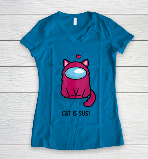 Among Us Game Shirt Cute Cat Astronaut Among me or us Nerdy Girl Gamer Women's V-Neck T-Shirt 4