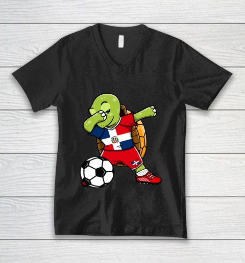 Dabbing Turtle Dominican Republic Soccer Fans Flag Football V-Neck T-Shirt