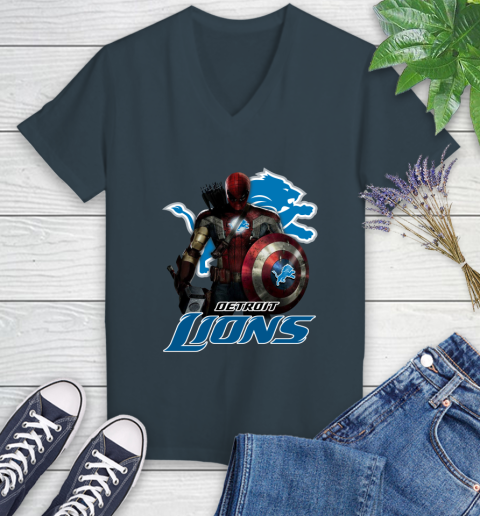 NFL Captain America Thor Spider Man Hawkeye Avengers Endgame Football Detroit Lions Women's V-Neck T-Shirt 8