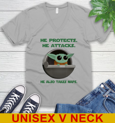 He Protects He Attacks He Also Takes Naps Baby Yoda Star Wars Shirts V-Neck T-Shirt 2