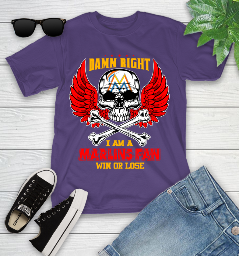 MLB Damn Right I Am A Miami Marlins Win Or Lose Skull Baseball Sports Youth T-Shirt 3