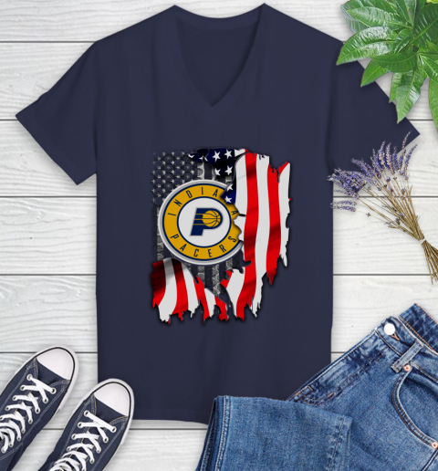 Indiana Pacers NBA Basketball American Flag Women's V-Neck T-Shirt 12