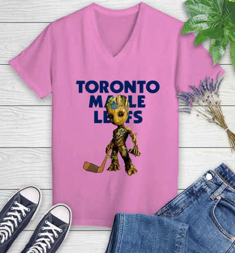 Toronto Maple Leafs NHL Hockey Groot Marvel Guardians Of The Galaxy Women's V-Neck T-Shirt 14