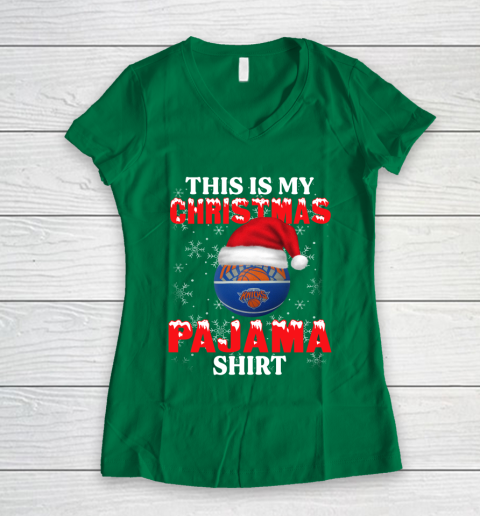 New York Knicks This Is My Christmas Pajama Shirt NBA Women's V-Neck T-Shirt 3