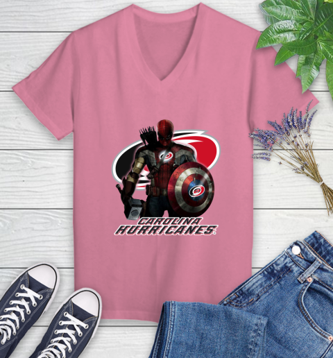 NHL Captain America Thor Spider Man Hawkeye Avengers Endgame Hockey Carolina Hurricanes Women's V-Neck T-Shirt 13