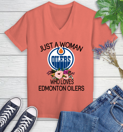 NHL Just A Woman Who Loves Edmonton Oilers Hockey Sports Women's V-Neck T-Shirt 3