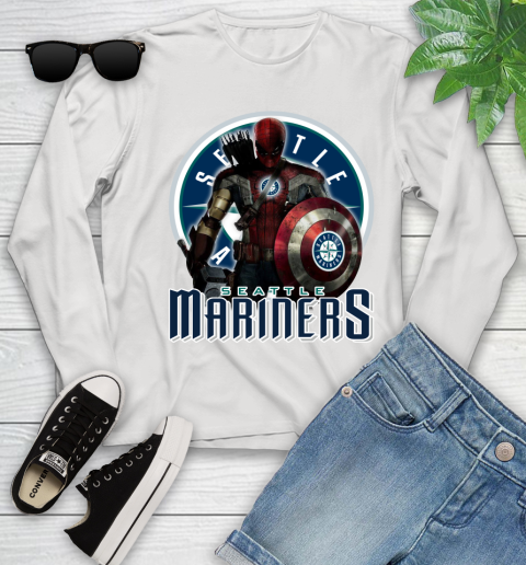 MLB Captain America Thor Spider Man Hawkeye Avengers Endgame Baseball Seattle Mariners Youth Long Sleeve
