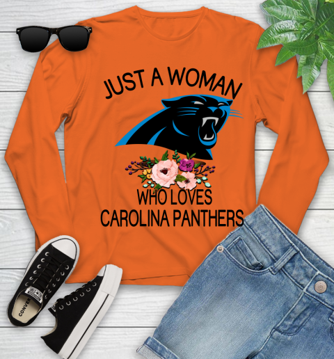 NFL Just A Woman Who Loves Carolina Panthers Football Sports Youth Long Sleeve 2