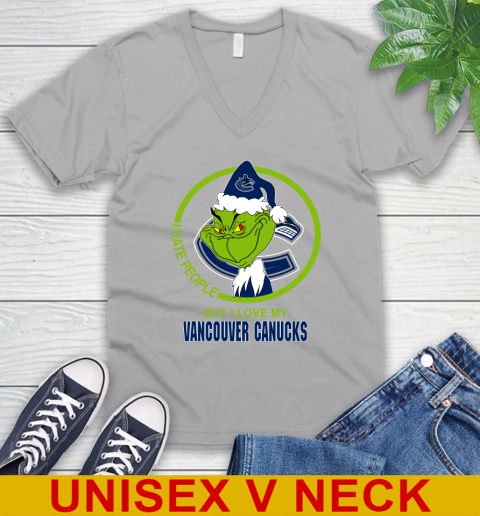 Vancouver Canucks NHL Christmas Grinch I Hate People But I Love My Favorite Hockey Team V-Neck T-Shirt 4