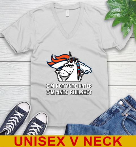 Denver Broncos NFL Football Unicorn I'm Not Anti Hater I'm Anti Bullshit V-Neck T-Shirt