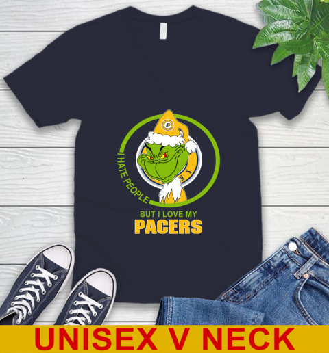 Indiana Pacers NBA Christmas Grinch I Hate People But I Love My Favorite Basketball Team V-Neck T-Shirt 3