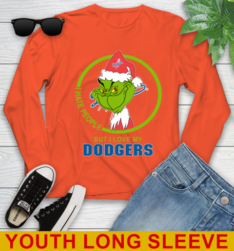 Los Angeles Dodgers MLB Christmas Grinch I Hate People But I Love My Favorite Baseball Team Youth Long Sleeve 4