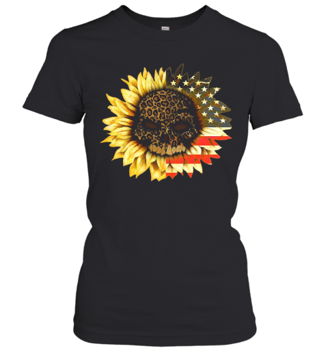 Leopard Print Skull In Sunflower American Flag Women's T-Shirt