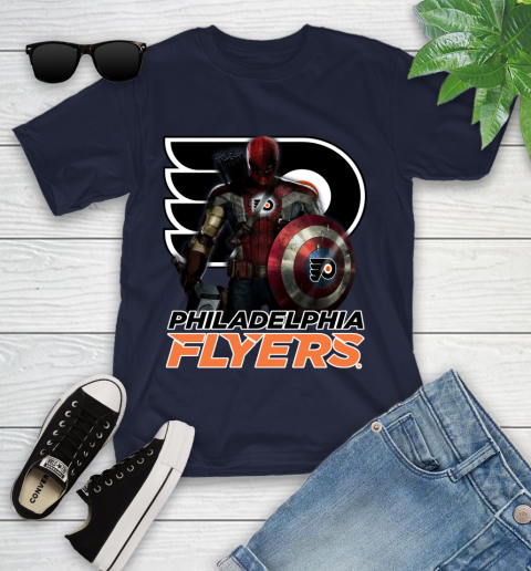NHL Captain America Thor Spider Man Hawkeye Avengers Endgame Hockey Philadelphia Flyers Youth T-Shirt 3