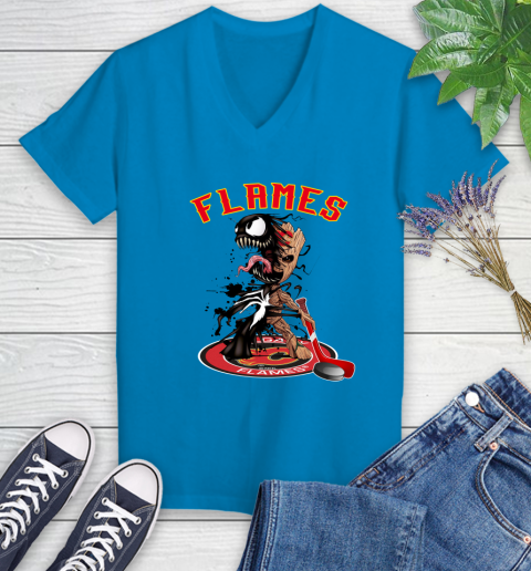 NHL Calgary Flames Hockey Venom Groot Guardians Of The Galaxy Women's V-Neck T-Shirt 7