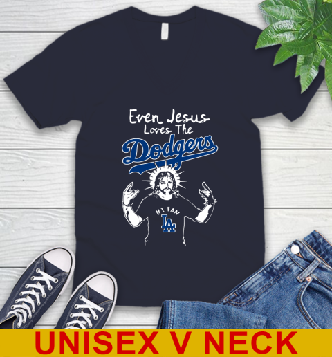 Los Angeles Dodgers MLB Baseball Even Jesus Loves The Dodgers Shirt V-Neck T-Shirt 2