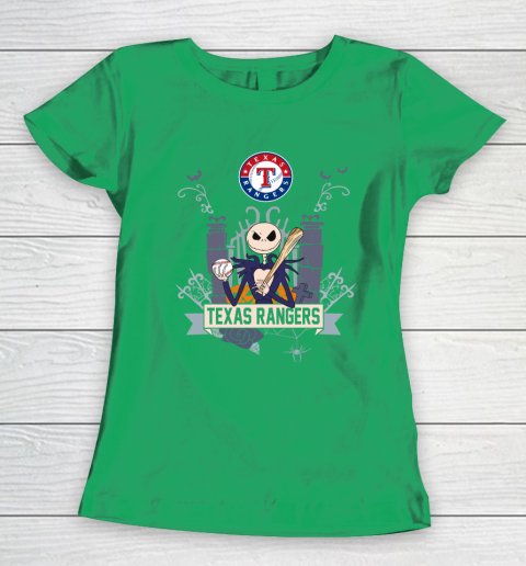 MLB Texas Rangers Baseball Jack Skellington Halloween Women's T-Shirt 5