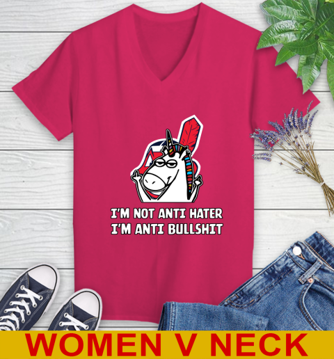 Cleveland Indians MLB Baseball Unicorn I'm Not Anti Hater I'm Anti Bullshit Women's V-Neck T-Shirt 10