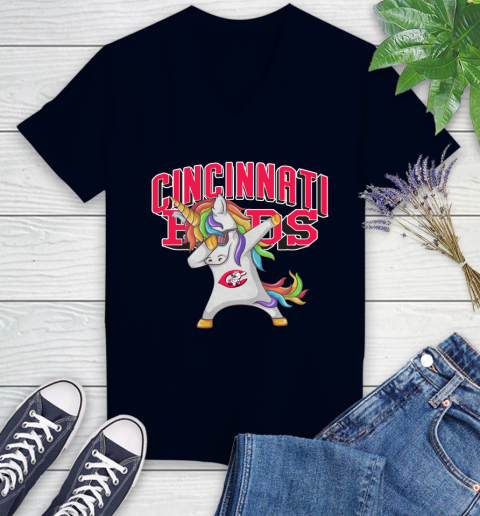 Cincinnati Reds MLB Baseball Funny Unicorn Dabbing Sports Women's V-Neck T-Shirt 3