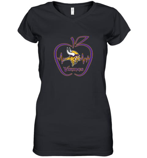 Apple Heartbeat Teacher Symbol Minnesota Vikings Women's V-Neck T-Shirt