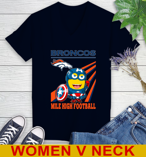 NFL Football Denver Broncos Captain America Marvel Avengers Minion Shirt Women's V-Neck T-Shirt 2