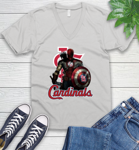 MLB Captain America Thor Spider Man Hawkeye Avengers Endgame Baseball St.Louis Cardinals V-Neck T-Shirt