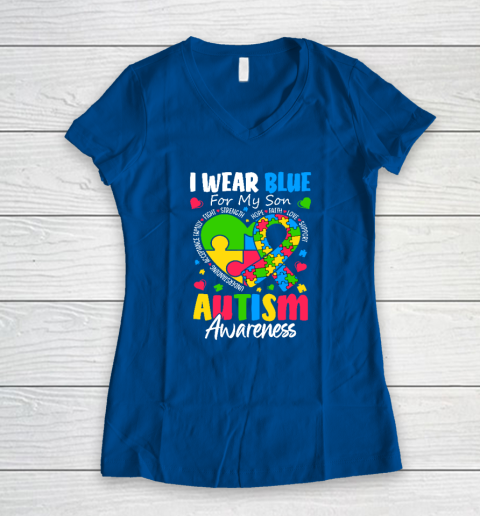 I Wear Blue For My Son Autism Awareness Women's V-Neck T-Shirt 5