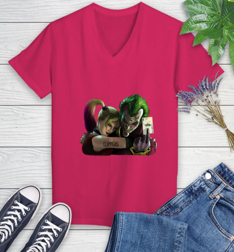LA Clippers NBA Basketball Joker Harley Quinn Suicide Squad Women's V-Neck T-Shirt 9