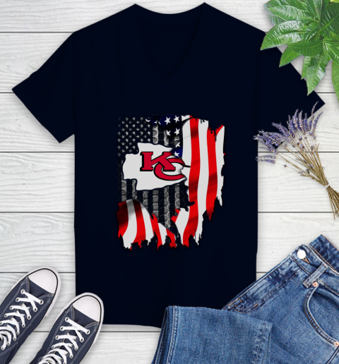 Kansas City Chiefs NFL Football American Flag Women's V-Neck T-Shirt 2