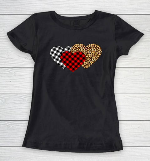 Leopard Heart Buffalo Plaid Heart Valentine Day Women's T-Shirt