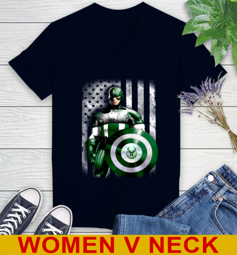 Milwaukee Bucks NBA Basketball Captain America Marvel Avengers American Flag Shirt Women's V-Neck T-Shirt 2