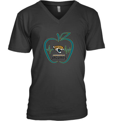 Apple Heartbeat Teacher Symbol Jacksonville Jaguars V-Neck T-Shirt