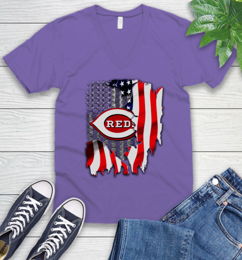 Cincinnati Reds MLB Baseball American Flag V-Neck T-Shirt 8