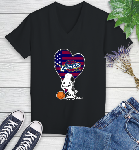 Cleveland Cavaliers NBA Basketball The Peanuts Movie Adorable Snoopy Women's V-Neck T-Shirt 2