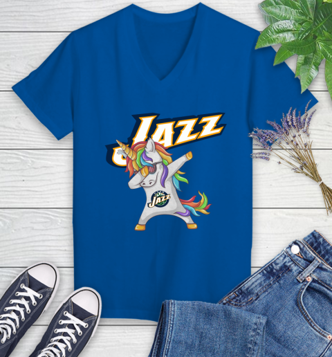 Utah Jazz NBA Basketball Funny Unicorn Dabbing Sports Women's V-Neck T-Shirt 10