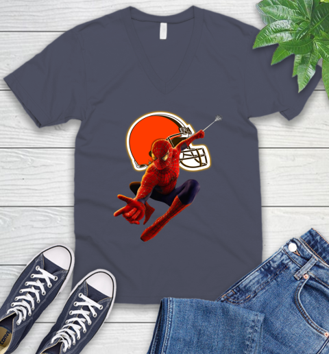 NFL Spider Man Avengers Endgame Football Cleveland Browns V-Neck T-Shirt 8