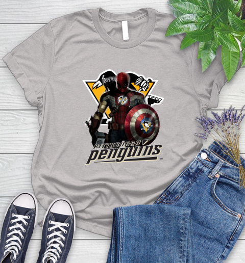 NHL Captain America Thor Spider Man Hawkeye Avengers Endgame Hockey Pittsburgh Penguins Women's T-Shirt 10