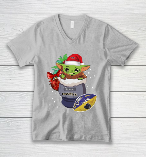Baltimore Ravens Christmas Baby Yoda Star Wars Funny Happy NFL V-Neck T-Shirt 4